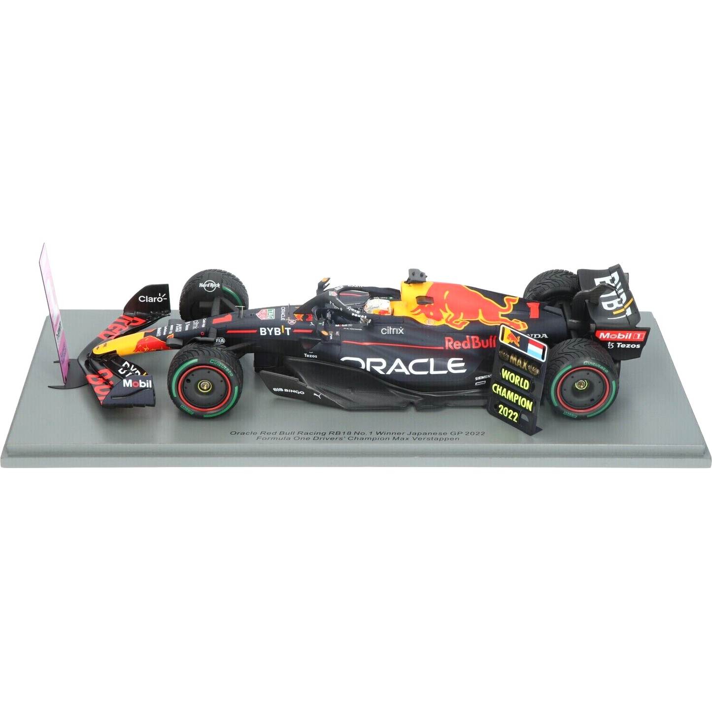 RB18 No.1 Oracle Red Bull Racing Winner Japanese GP 2022 2022 Formula One Drivers' Champion Max Verstappen With No.1 and World Champion Board With Acrylic Cover